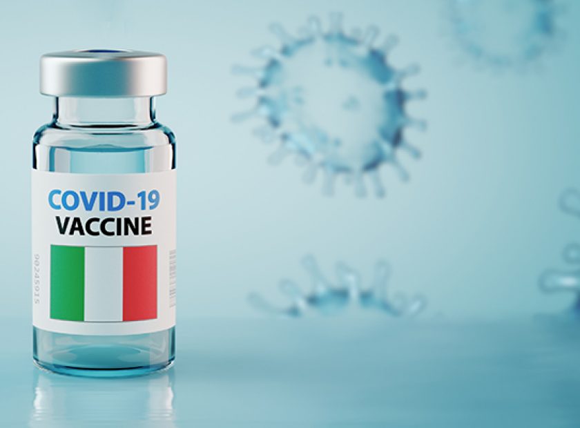 COVID-19 Coronavirus Vaccine and Syringe with flag of Italy